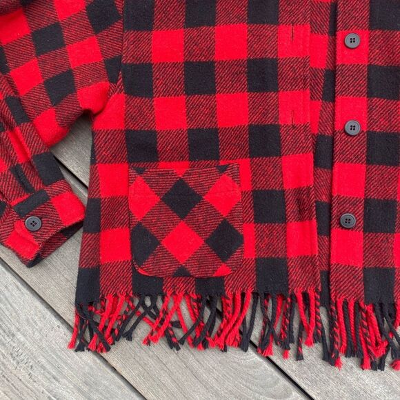 90s Vtg Plaid Wool Fringe Lumberjack Jacket XS Small Women Red Black Sportables - Picture 3 of 4